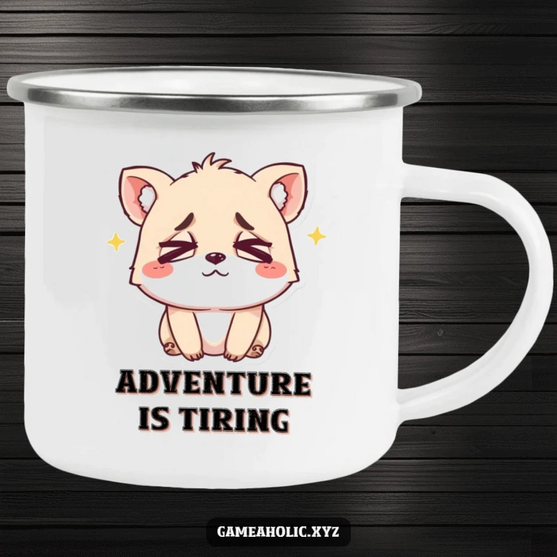 Funny camping mug depicting a small animal with crossed eyes and a happy, tired smile, designed for outdoor moments.