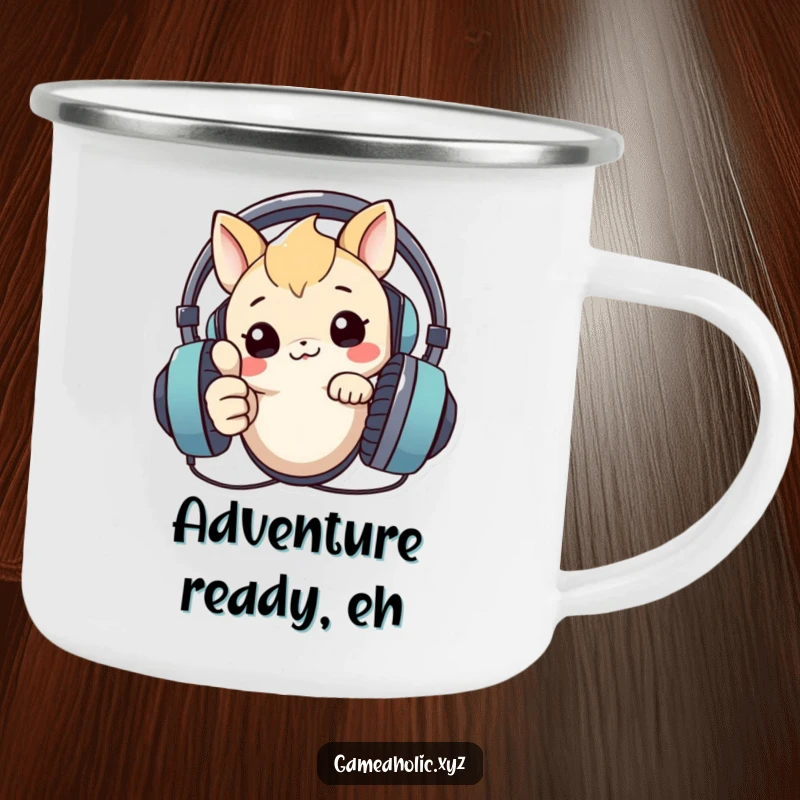Funny camping mug featuring a creature peeking over a large headset and giving a thumbs up, perfect for tech-loving adventurers.