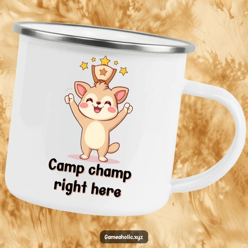 Funny Camping Mug with an animal character triumphantly holding a digital award and smiling, perfect for outdoor use.