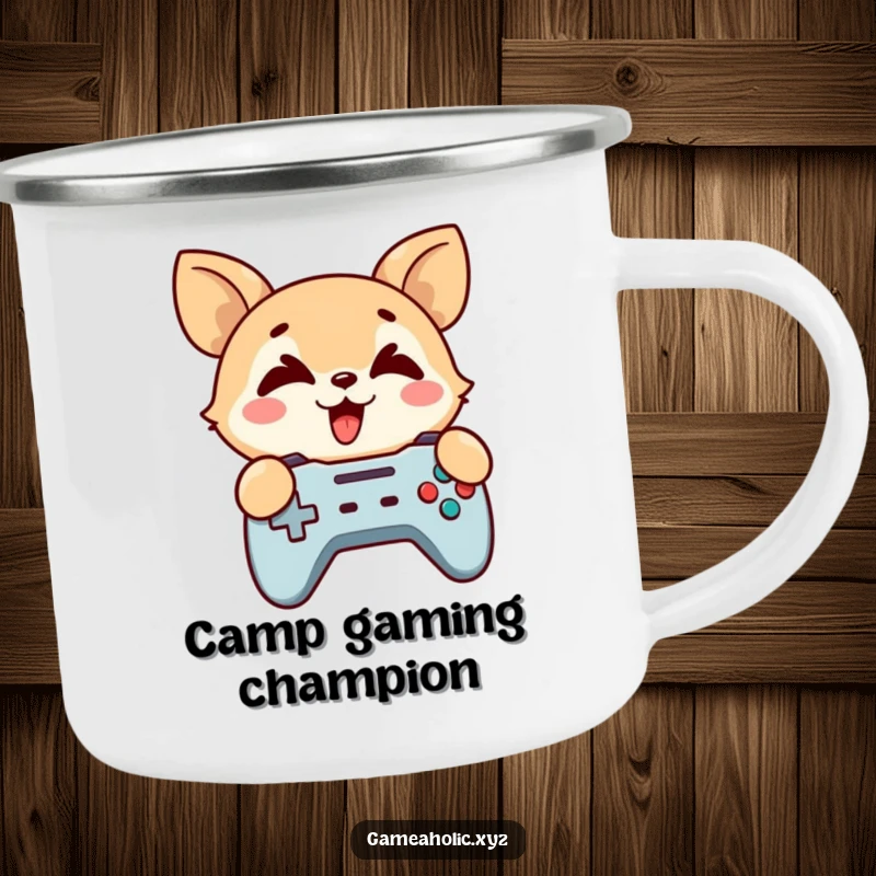 Funny Camping Mug: A cute animal grips a game controller, eyes crossed in hilarious gaming mode.