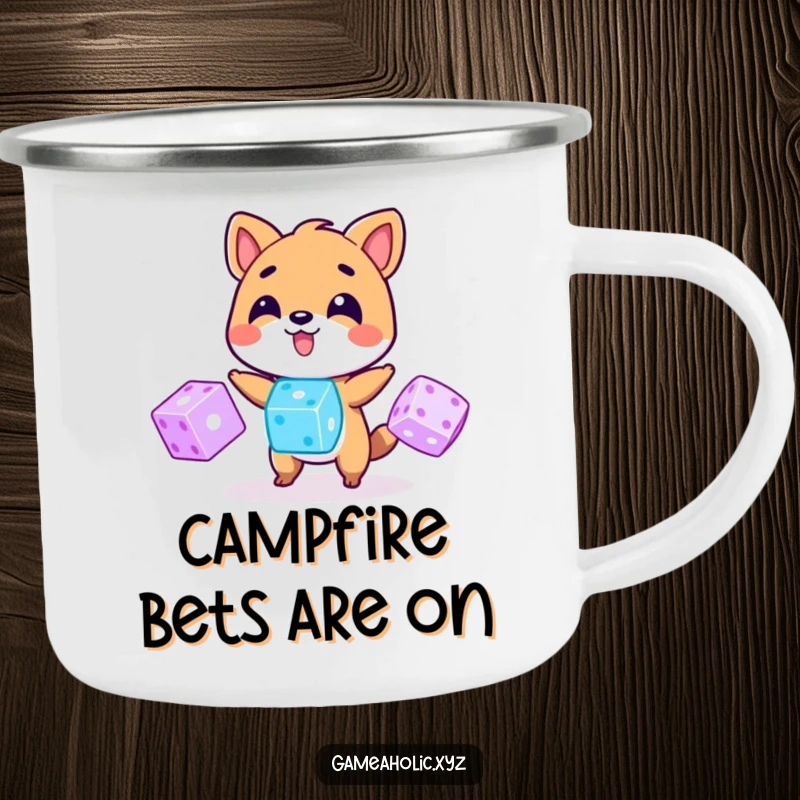 Funny Camping Mug: An animal juggles three glowing digital dice, ready for outdoor fun and a bit of luck, a great gift.