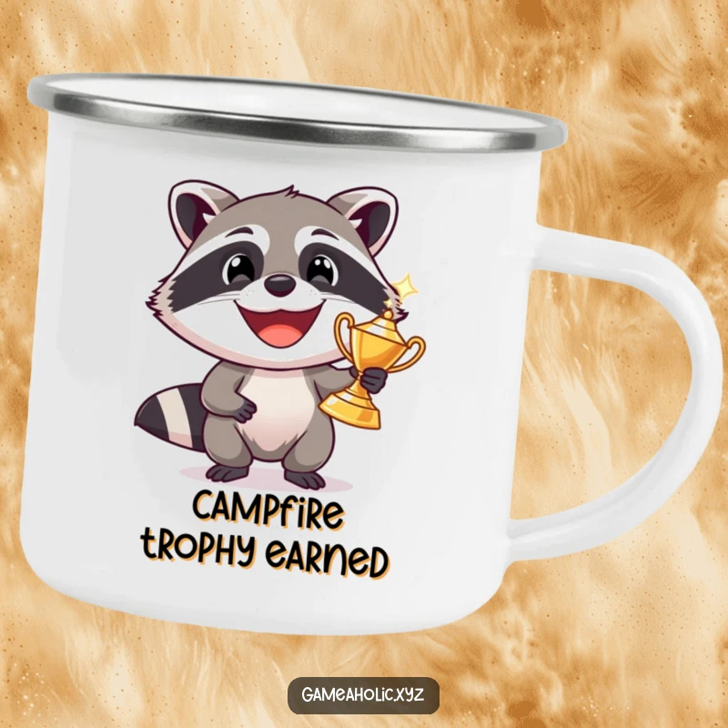 Funny raccoon with a wide grin holding a sparkling trophy, enamel camping mug, durable and humorous.