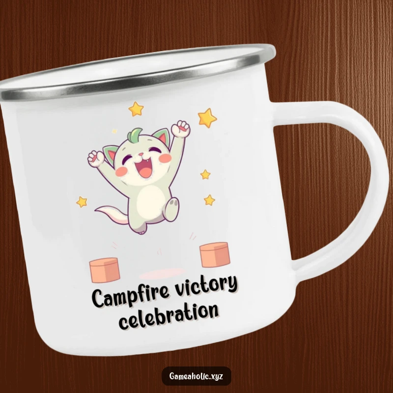 Funny camping mug featuring a cute creature leaping victoriously, perfect for enjoying drinks during outdoor adventures and celebrating wins.