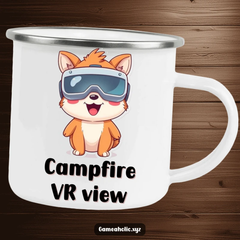 Funny happy animal wearing oversized virtual reality goggles, a sturdy enamel camping mug for virtual adventurers.