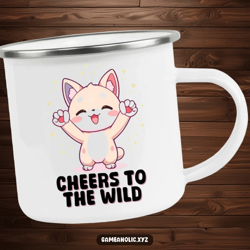 Funny Camping Mug: Character cheers with paws raised, surrounded by shimmering digital particles, for outdoor celebrations.