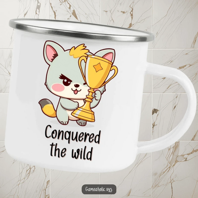 Funny camping mug with a mischievous winking animal character holding a trophy, celebrating outdoor triumphs.