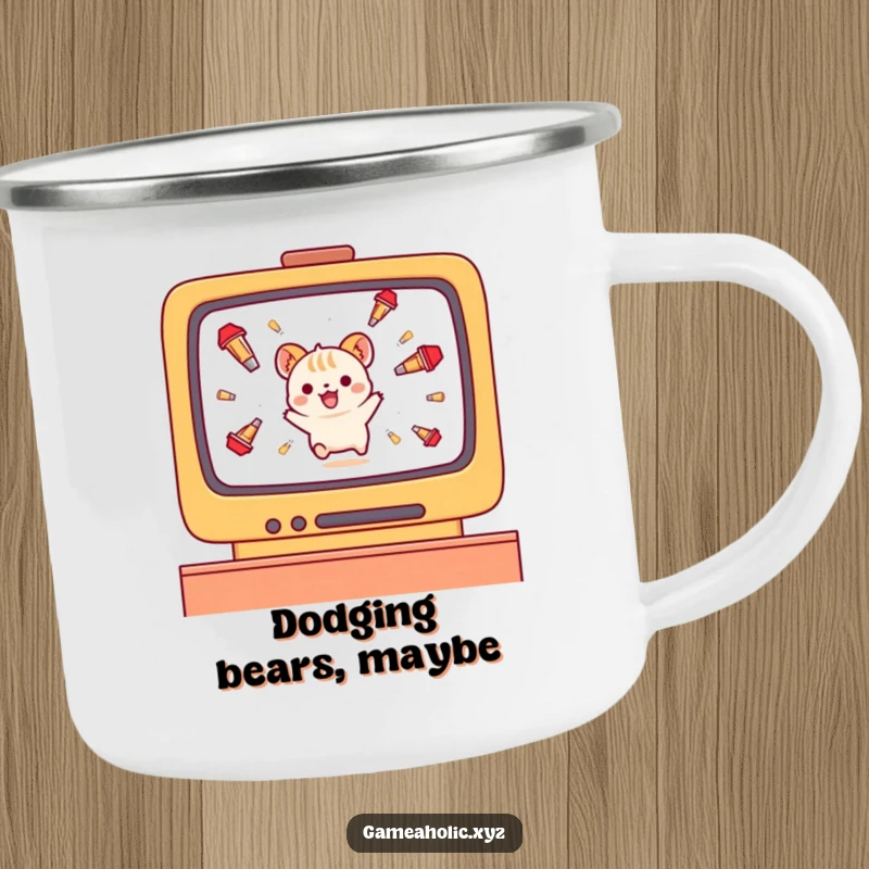 Funny small animal character camping mug, dodging falling projectiles on a screen during gameplay.