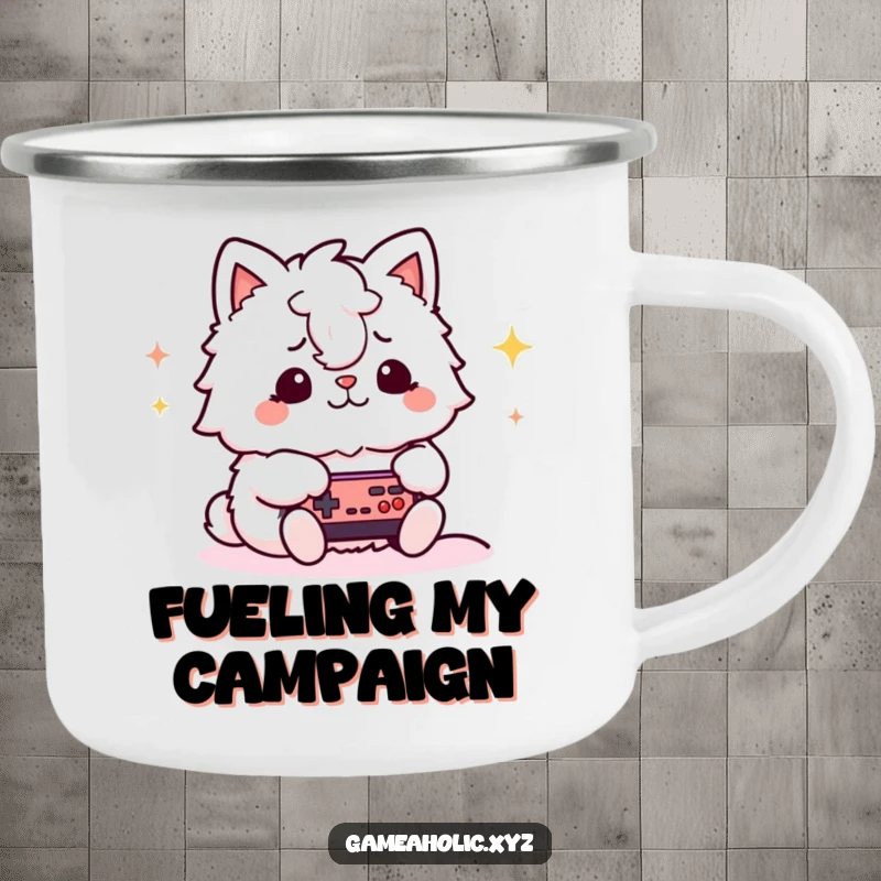 Funny gamer animal camping mug showing a fluffy character with a focused expression playing a video game, perfect for outdoor gaming enthusiasts.