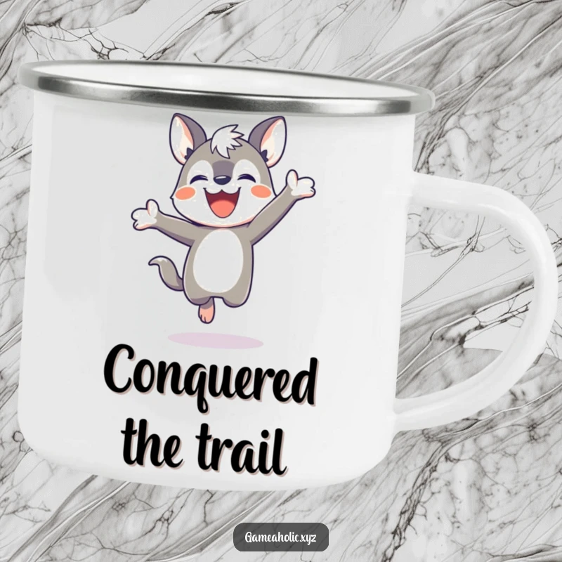 Funny camping mug featuring a determined animal character jumping with joy after winning a game, perfect for outdoor celebrations.