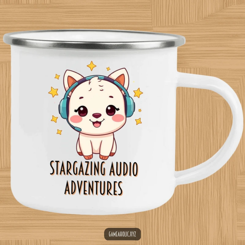 Funny camping mug with a cheerful animal character wearing a headset surrounded by swirling, mystical stars.