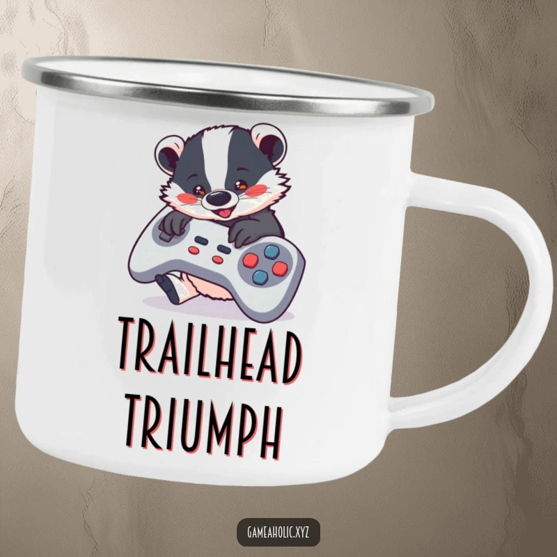 Funny Camping Mug with a cute badger playing a game, perfect for gamers who enjoy the outdoors.