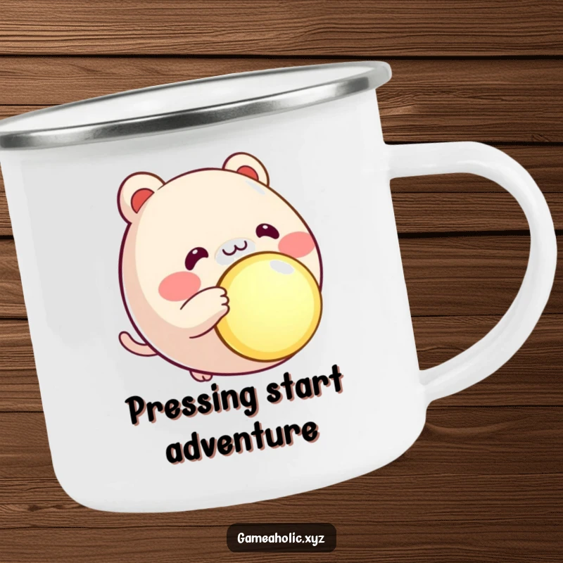 Funny round animal character camping mug, rosy cheeks, eagerly pressing a large, glowing button, outdoor ready.