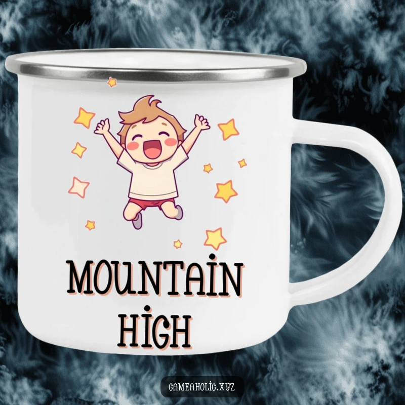 Funny Camping Mug: Character leaping joyfully, surrounded by pixelated stars, perfect for outdoor celebrations.