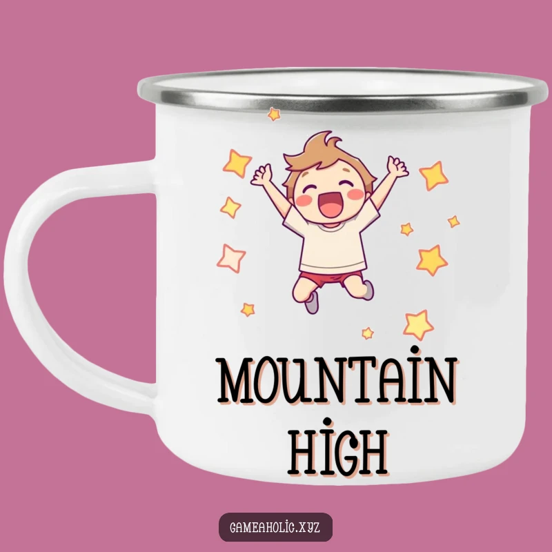 Funny Camping Mug: Joyful Leaping Character Pixel Star Campfire Gift