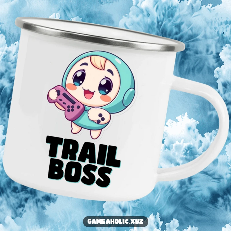 Funny Camping Mug: Round character with wide, happy eyes, holding a game controller, ideal for outdoor gaming.