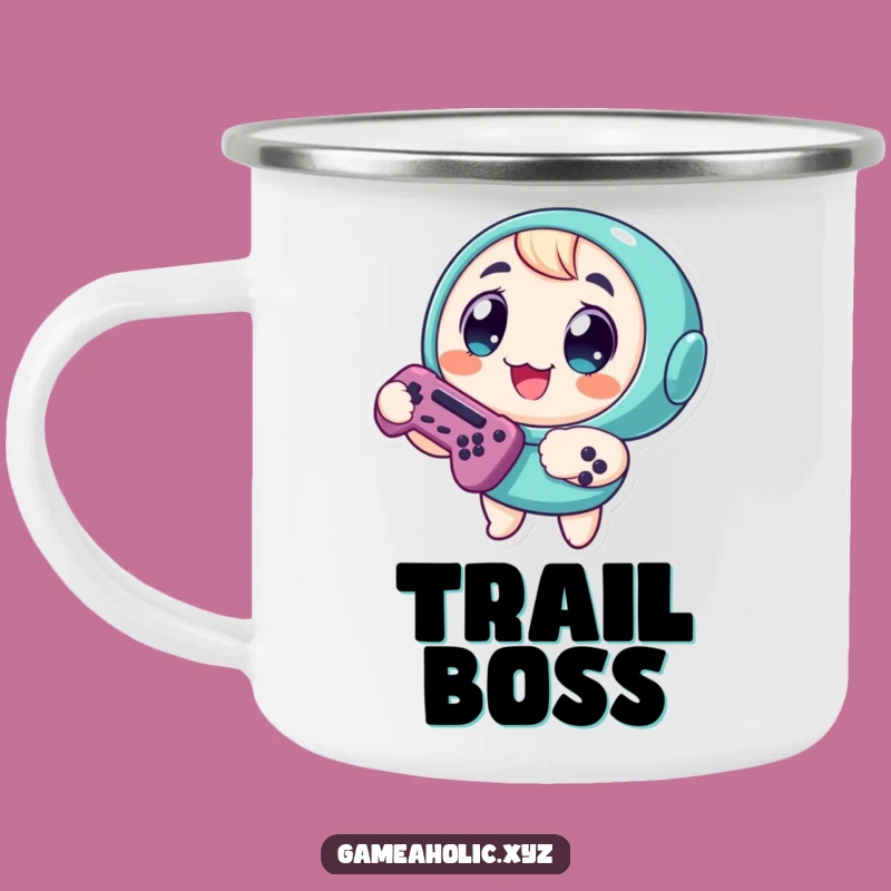 Funny Camping Mug: Round Gamer Character, Big Eyes, Controller Campfire Gift