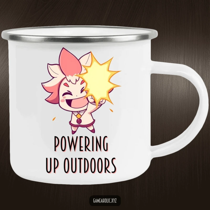 Funny Camping Mug: Character grins widely, aiming a humorous energy blast, ideal for outdoor adventures.