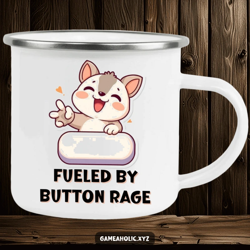 Funny camping mug with a determined animal character smashing a virtual button, ready for the outdoors.