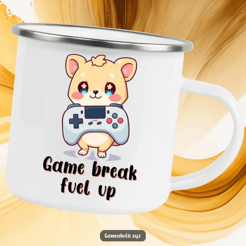 Funny camping mug depicting a cute animal character with starry eyes, holding a giant game controller, perfect for campfire gaming.