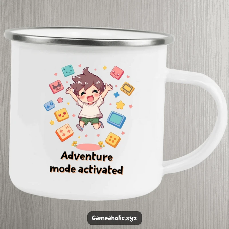 Funny Camping Mug depicting a character jumping exuberantly amongst game icons, perfect for outdoor gaming sessions.