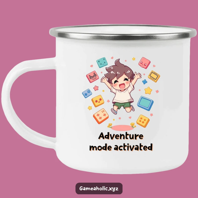 Funny Gamer Camping Mug: Adventure Ready, Jumping Character, Outdoor Gift!