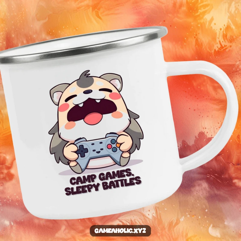 Funny yawning animal character with a controller on a sturdy camping mug, for dedicated outdoor gamers.