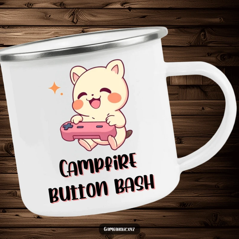 Funny Camping Mug featuring a small creature enthusiastically mashing game controller buttons, built for adventure.