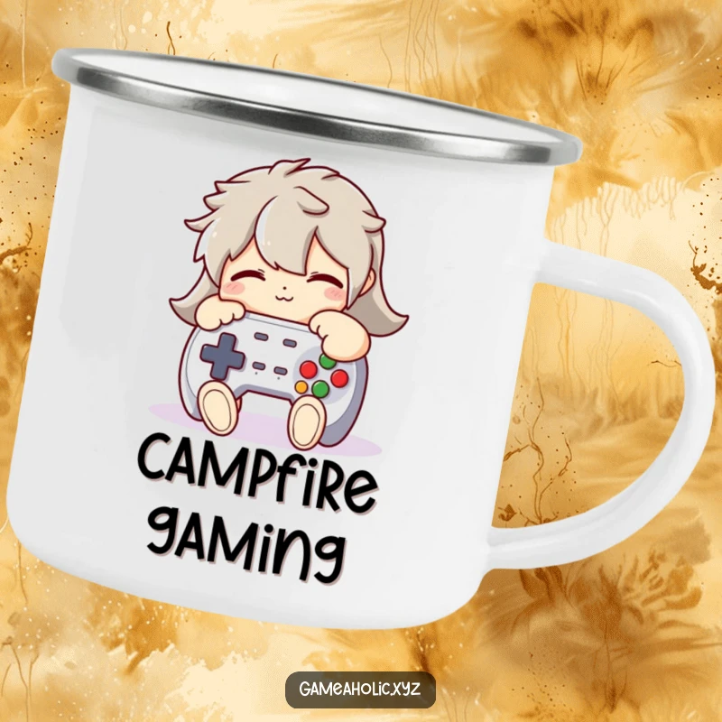 Funny Camping Mug: A character humorously hugging a plush game controller tightly, celebrating gamer comfort during outdoor adventures.