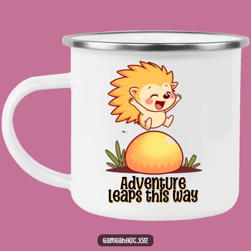 Funny Hedgehog Camping Mug: Whimsical Creature, Joyful Leap, Outdoor Gift
