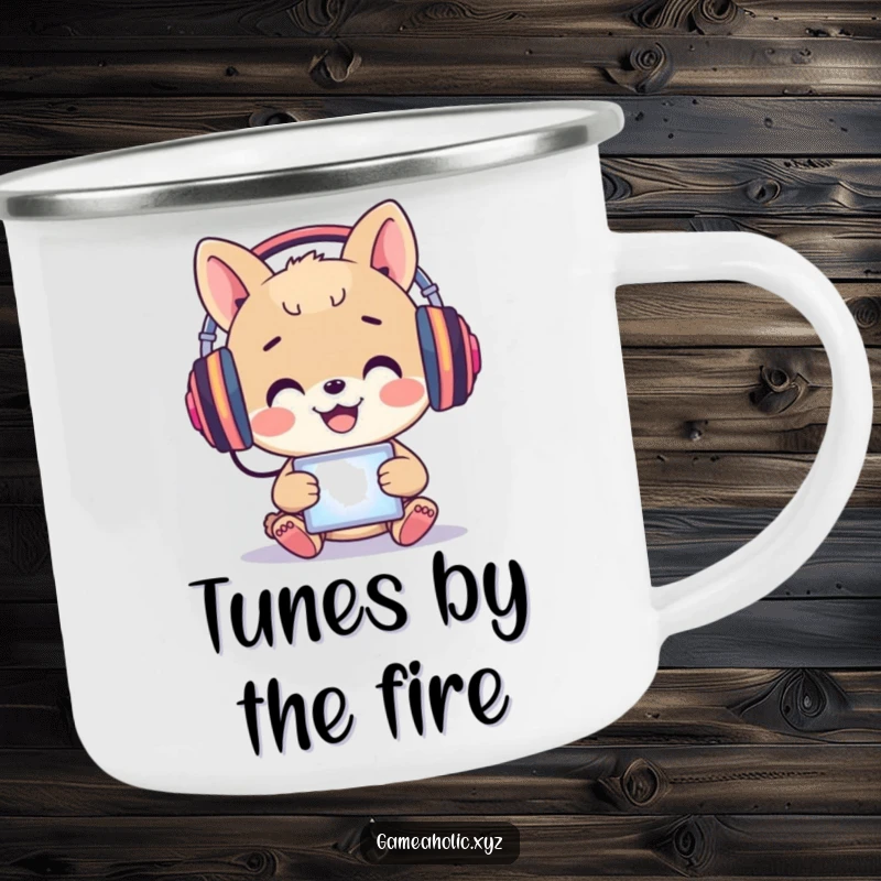 Funny Camping Mug: A happy animal wears headphones, immersed in a glowing screen with joy.