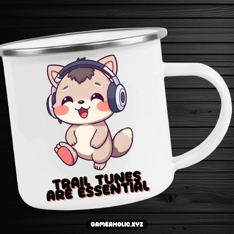 Funny music animal camping mug showing a cheerful character with oversized headphones tapping its foot to music, perfect for outdoor enjoyment.