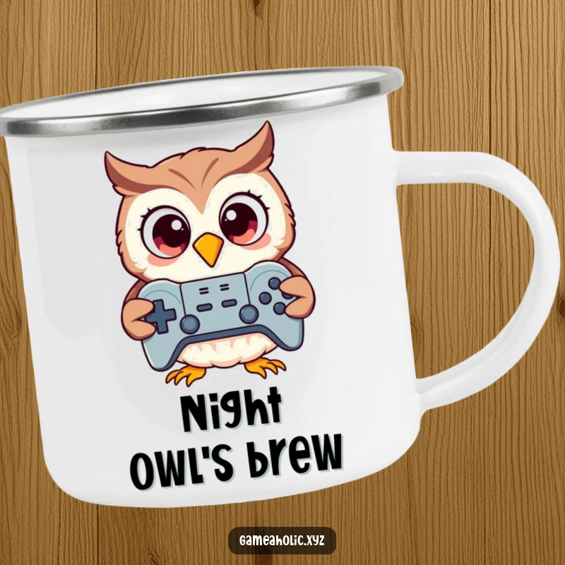Funny owl with large excited eyes holding a game controller, enamel camping mug, durable and humorous.