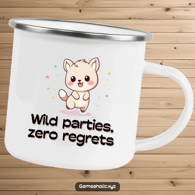 Funny playful animal character with a trail of confetti on a sturdy camping mug, for outdoor fun.