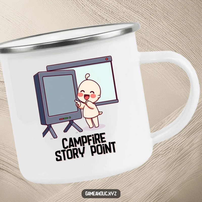Funny Camping Mug of an excited character with rosy cheeks pointing at a huge screen, perfect for sharing moments.