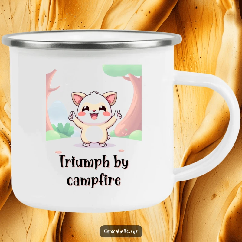 Funny happy creature in a digital world striking a victory pose, enamel camping mug, durable and humorous.