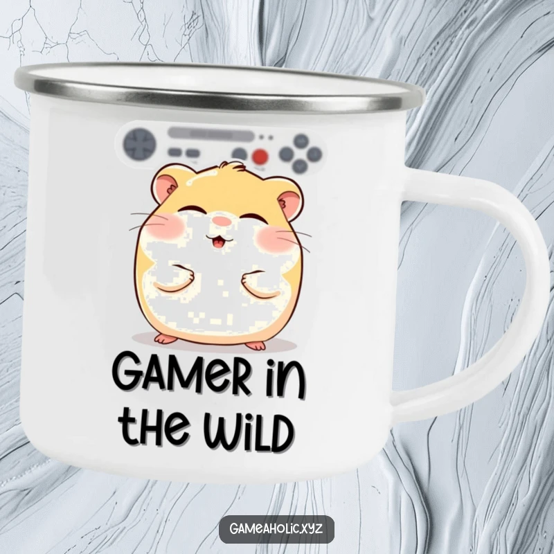 Durable camping mug featuring a funny round hamster with rosy cheeks, eyes closed in gaming bliss, for cozy gamers.