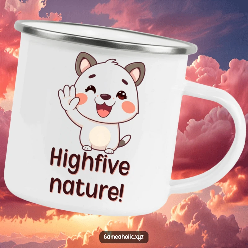 Funny animal character camping mug, cheerful, offering a virtual high-five, perfect for outdoor use.