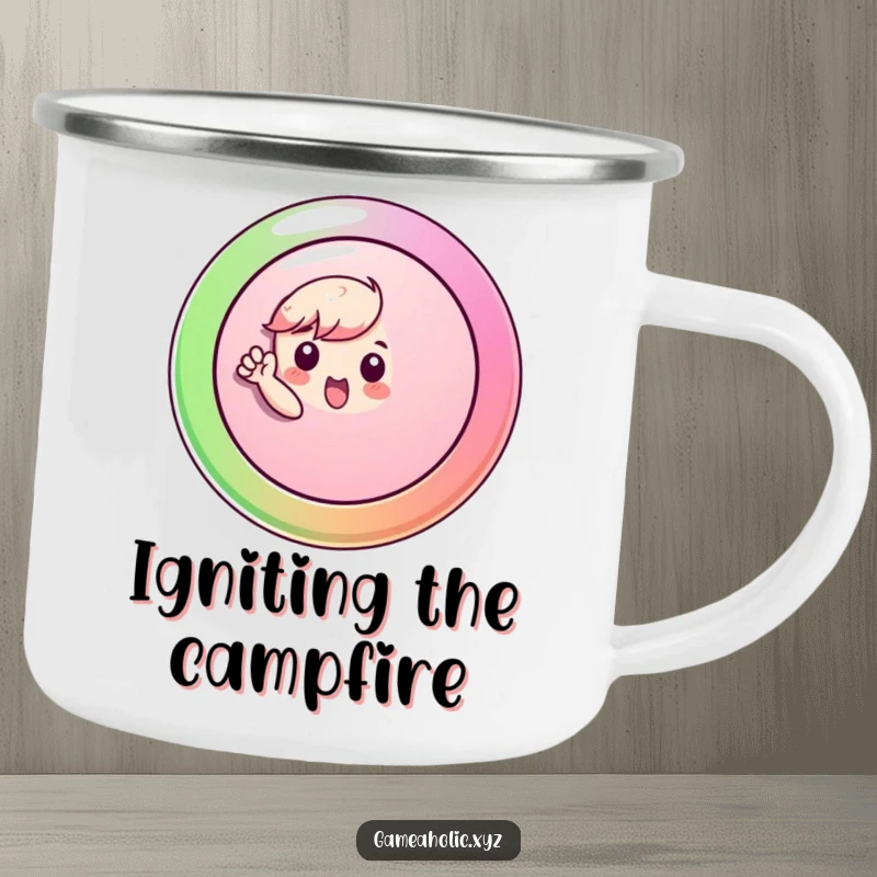Funny Camping Mug with a small character pressing a large, colorful button, perfect for outdoor use.