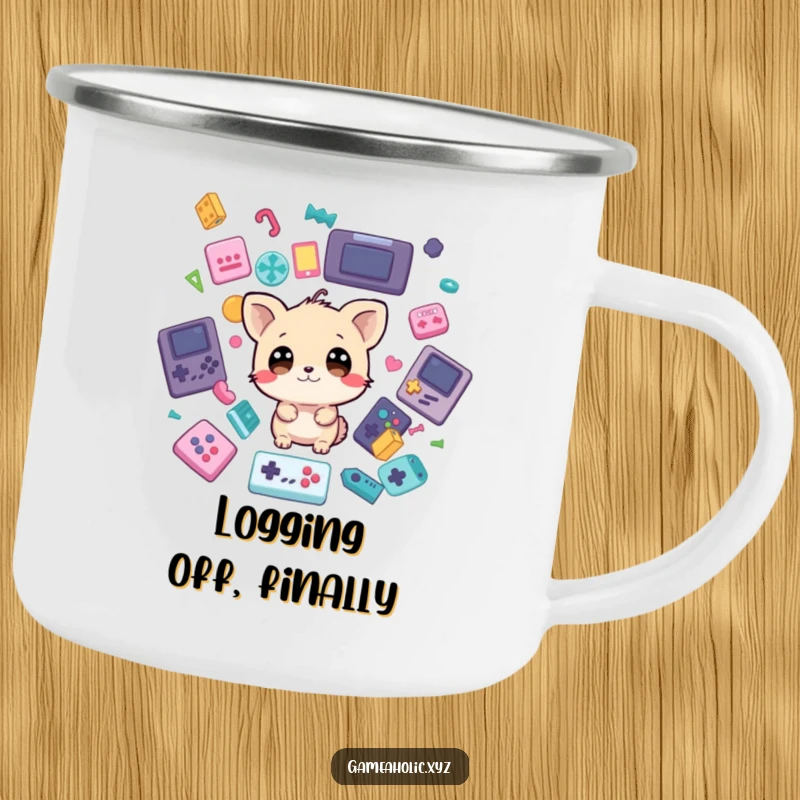 Funny Camping Mug: Wide-eyed animal character is surrounded by falling game icons, ready for outdoor gaming sessions, a fun gift.