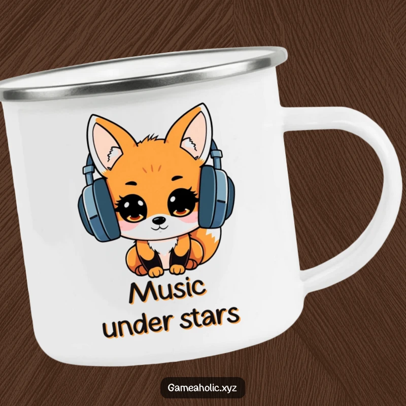 Durable camping mug featuring a kawaii fox with headphones, eyes sparkling with excitement, ready for outdoor music.