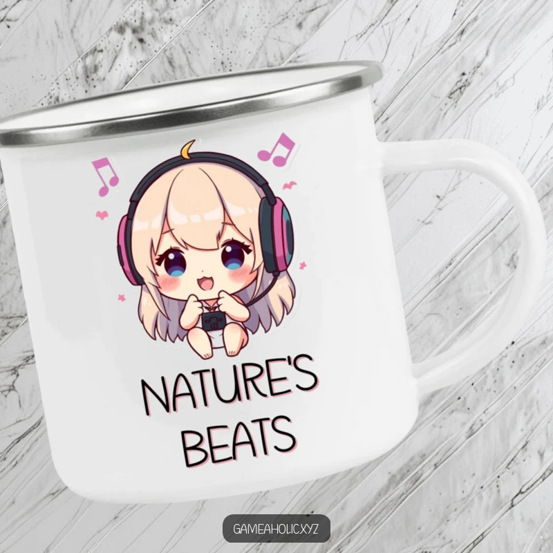 Funny camping mug with a character wearing headphones, headbanging to game music, perfect for outdoor adventures and music lovers.