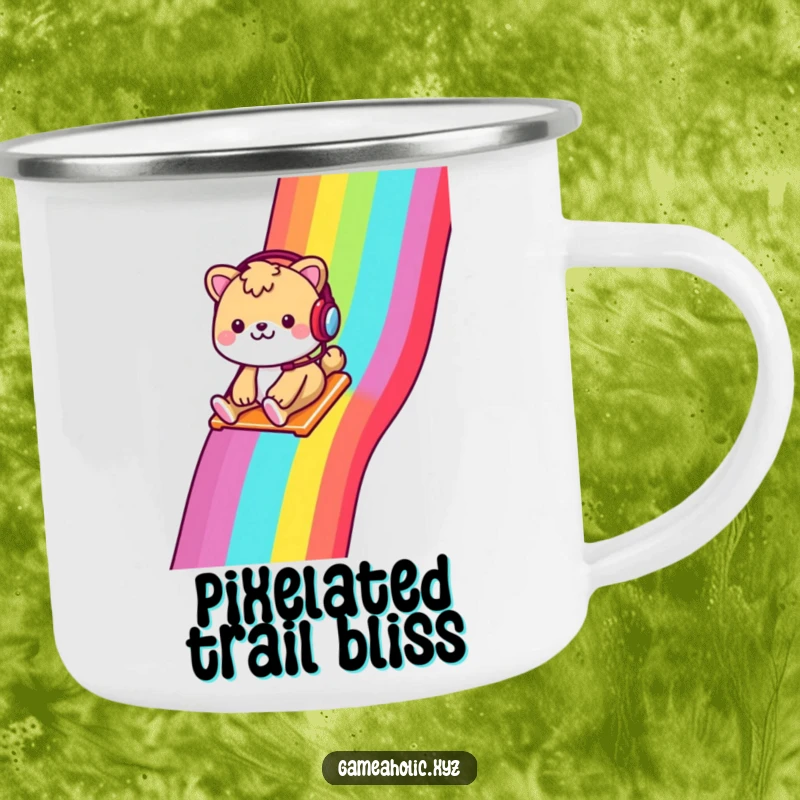 Funny enamel camping mug with a cheerful animal, headset on, sliding down a rainbow pixelated slide, for outdoors.