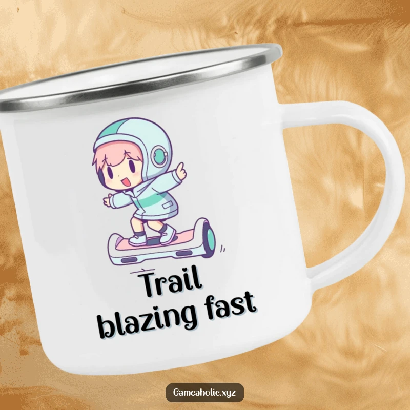 Funny camping mug with a character joyfully riding a hoverboard, perfect for outdoor drinks with a sense of adventure.