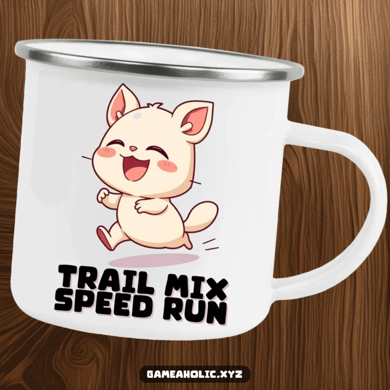 Funny camping mug with a small, energetic creature laughing uncontrollably while moving at high speed, perfect for the outdoors.