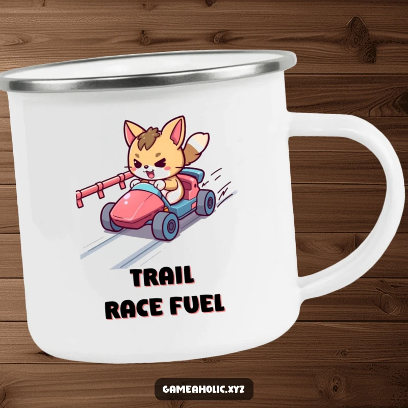 Funny determined animal character racing a tiny vehicle on a pixelated track, a sturdy enamel camping mug for gamers.