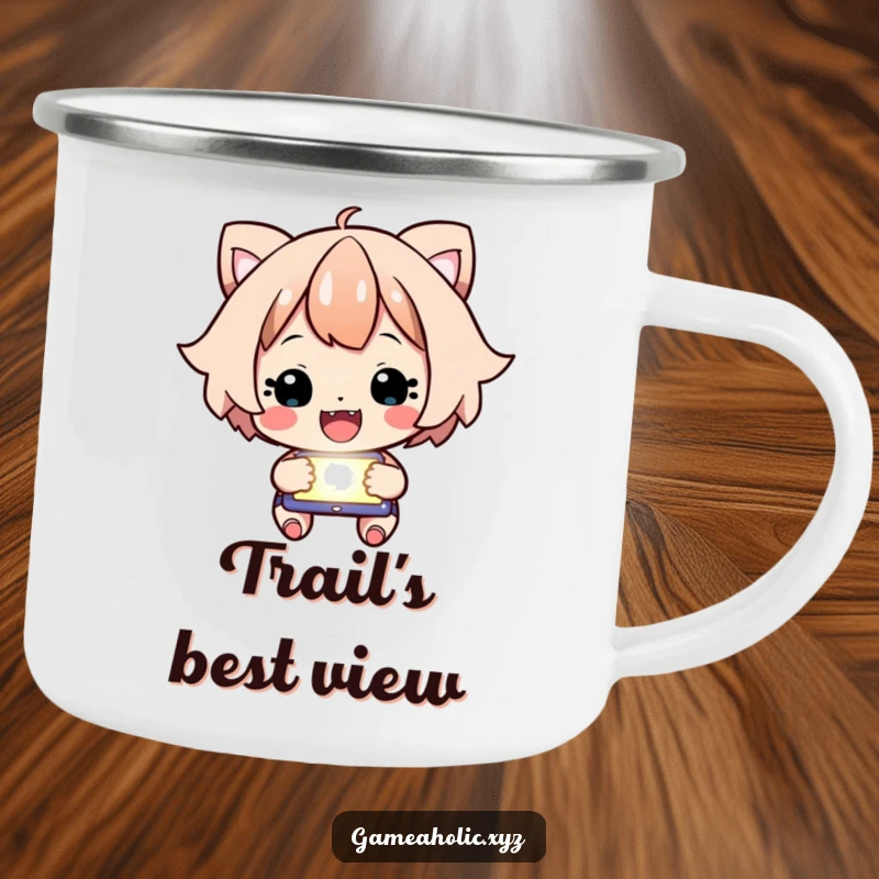 Funny Camping Mug featuring a happy character intensely focused on a glowing screen, cheering outdoors.