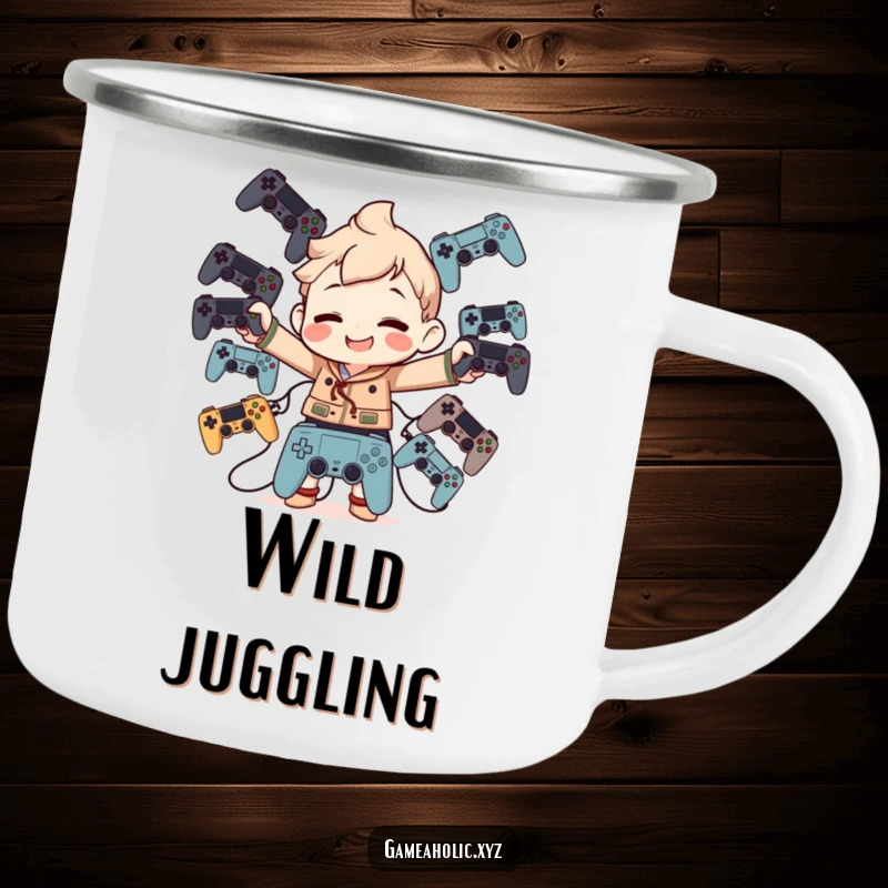 Funny Camping Mug: Character balancing many game controllers with a goofy grin, perfect for outdoor adventurers.
