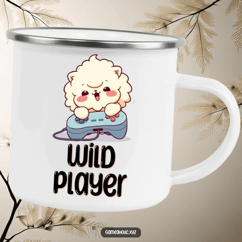 Funny Camping Mug: Fluffy character enthusiastically mashing buttons on a game controller, ready for outdoor fun.