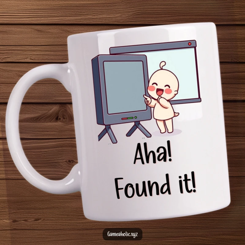 Funny Mug with a character blushing with excitement, pointing at a huge screen, showcasing awe and anticipation.