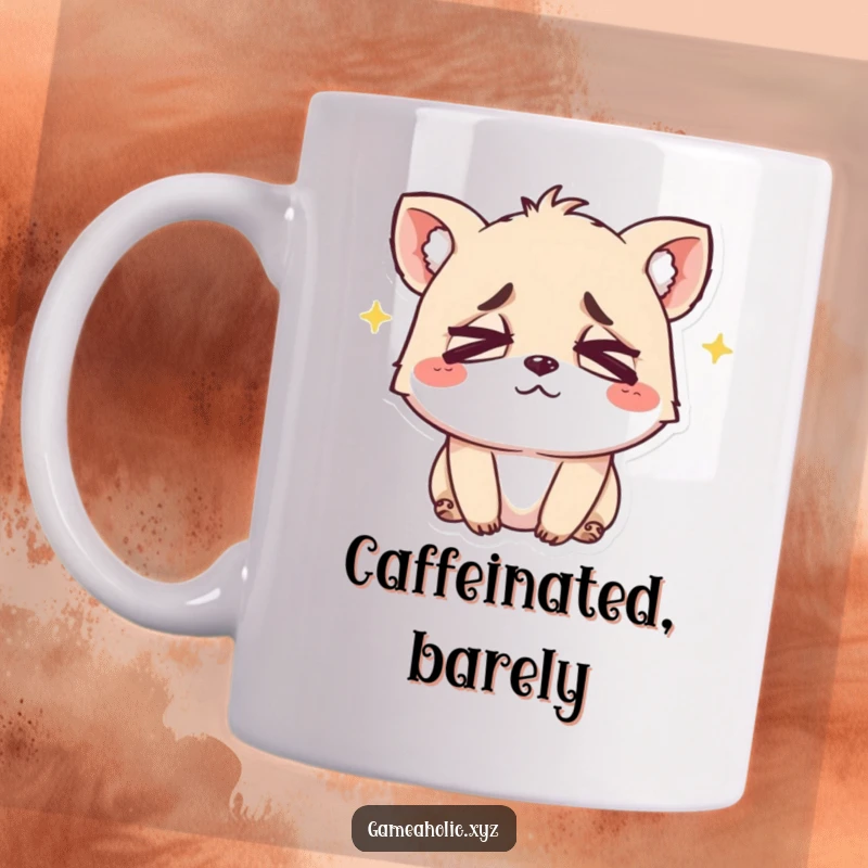 Funny mug featuring a small, adorable animal character with perfectly crossed eyes, looking exhausted but offering a happy smile.